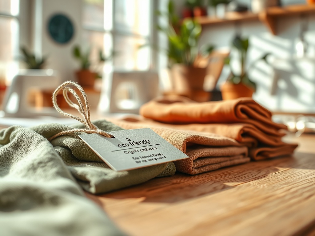 Materiale ecologice împachetate frumos pe un fundal luminos, cu plante decorative în apropiere.