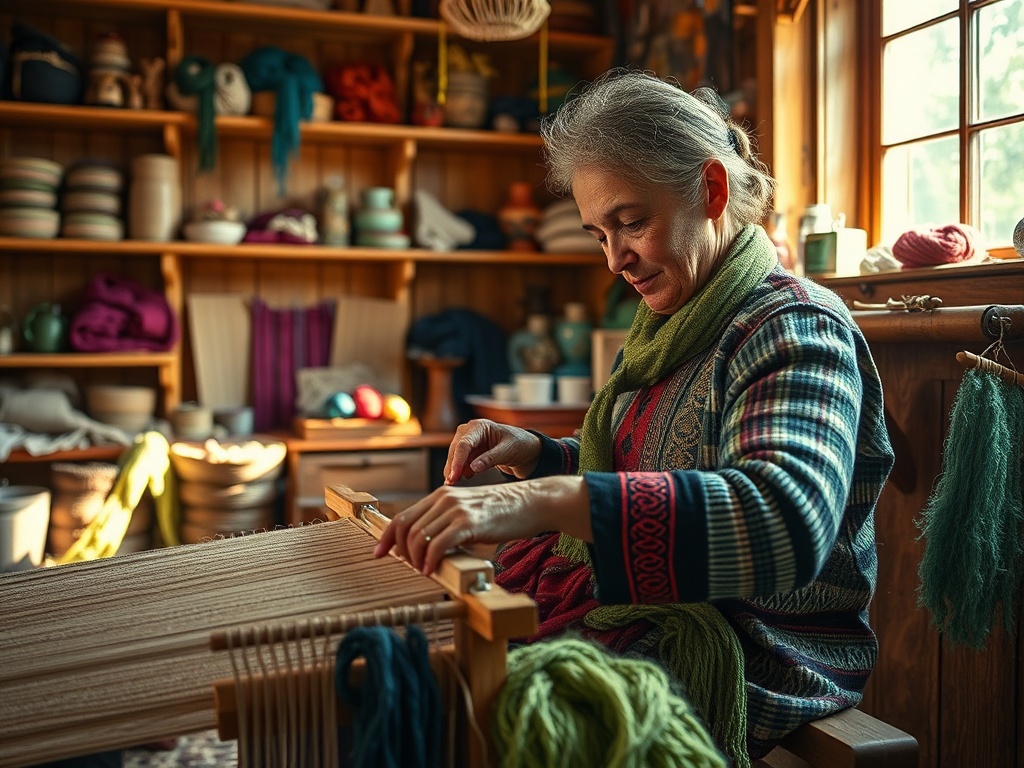 O femeie lucrează la un război de țesut, îmbrăcată într-o cămașă colorată, într-un atelier plin de materiale.