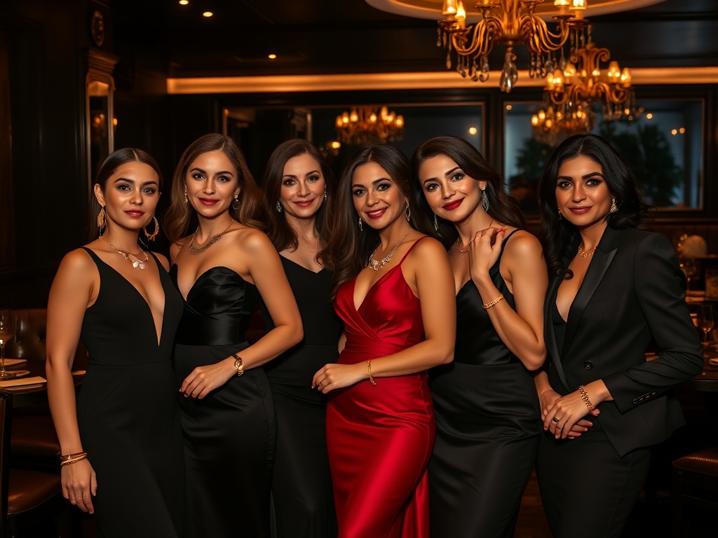 Șase femei îmbrăcate elegant stau împreună într-un restaurant, zâmbind și pozând pentru fotografie.